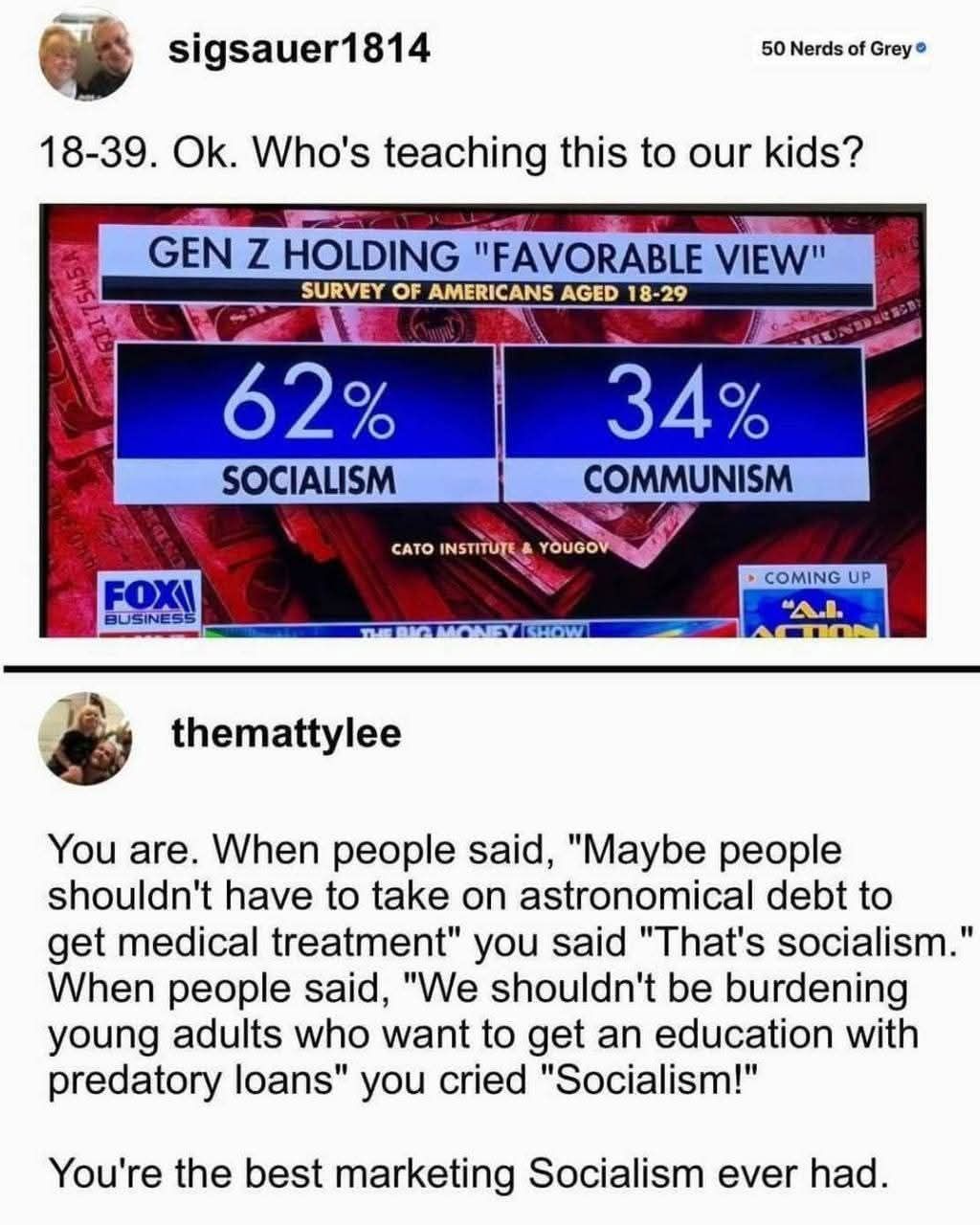 The meme is a sarcastic rebuttal that claims the user ("sigsauer1814") is an "anti-communist" who is actually just using the word "socialism" to mock people who demand government intervention. The humor lies in the fa...
