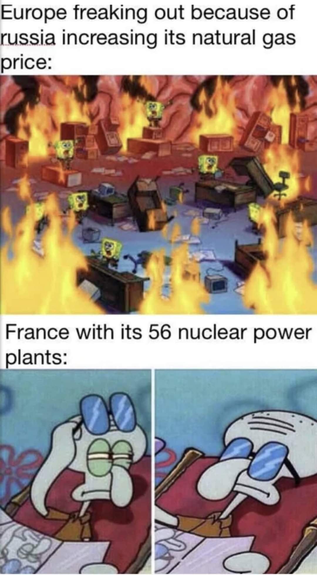 Okay, let's break down this meme using the requested theoretical frameworks. **Visual Description** The meme is a two-panel image using screenshots from the cartoon *Spongebob Squarepants*. * **Panel 1:** Depicts a ch...