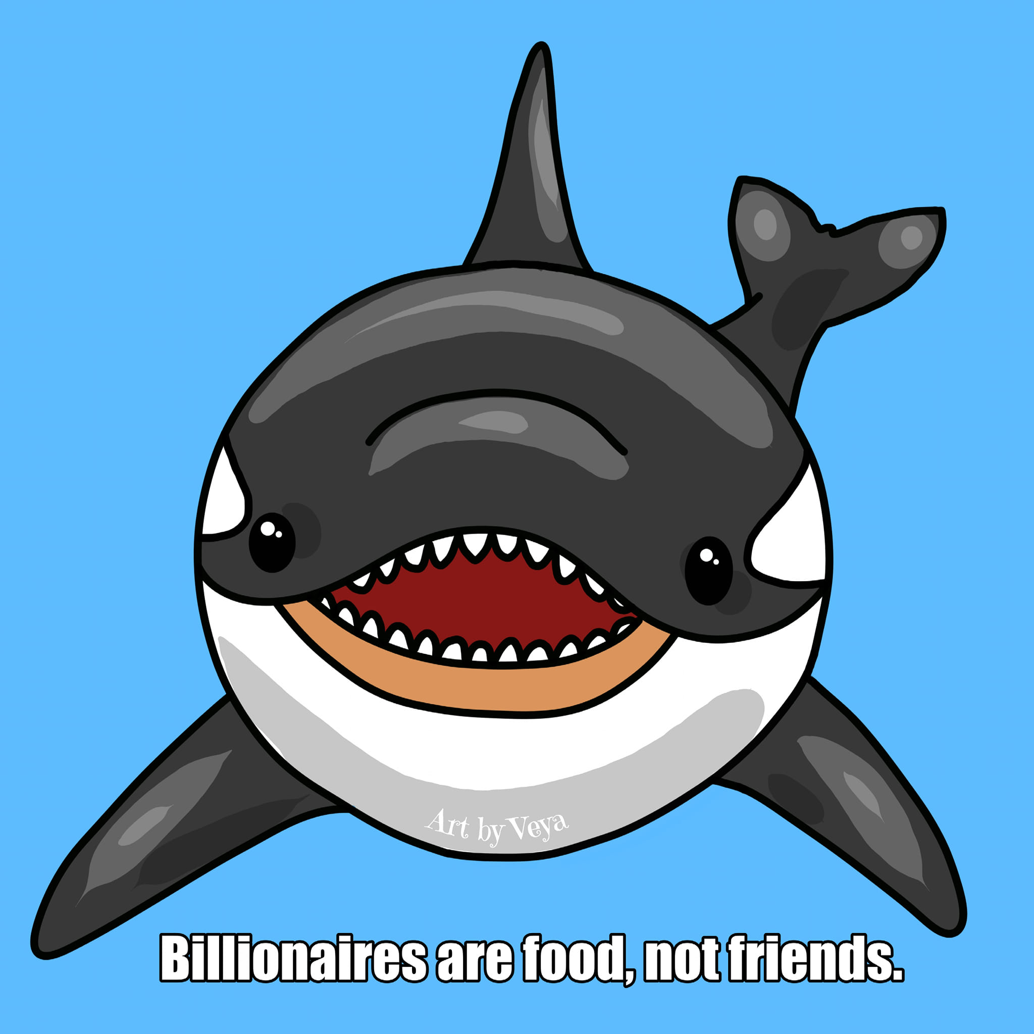 Okay, let's break down this image with analysis through several theoretical lenses. ## Visual Description The image depicts a cartoon orca (killer whale) with a somewhat exaggerated and menacing appearance. The orca i...