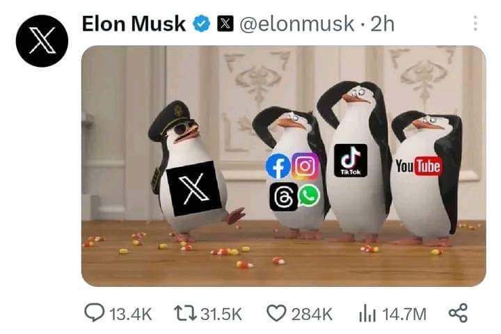 Okay, here’s a breakdown of Elon Musk's X (formerly Twitter) post featuring the penguins, using the requested theoretical lenses. I'll indicate when a section isn't particularly relevant. **Visual Description** The im...
