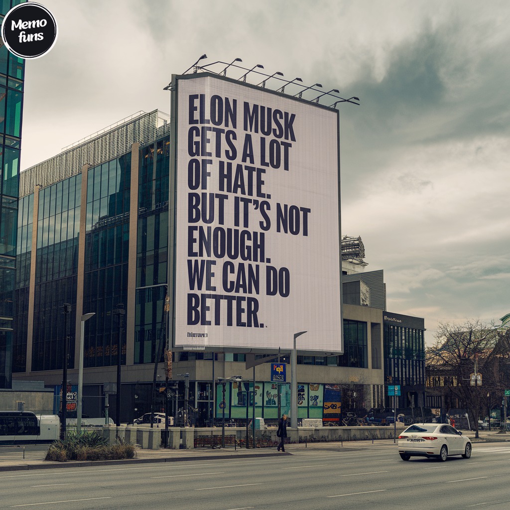 Okay, let's break down this image through the requested lenses. **Visual Description** The image depicts a large billboard in an urban setting. The billboard's stark white background displays the text "ELON MUSK GETS...