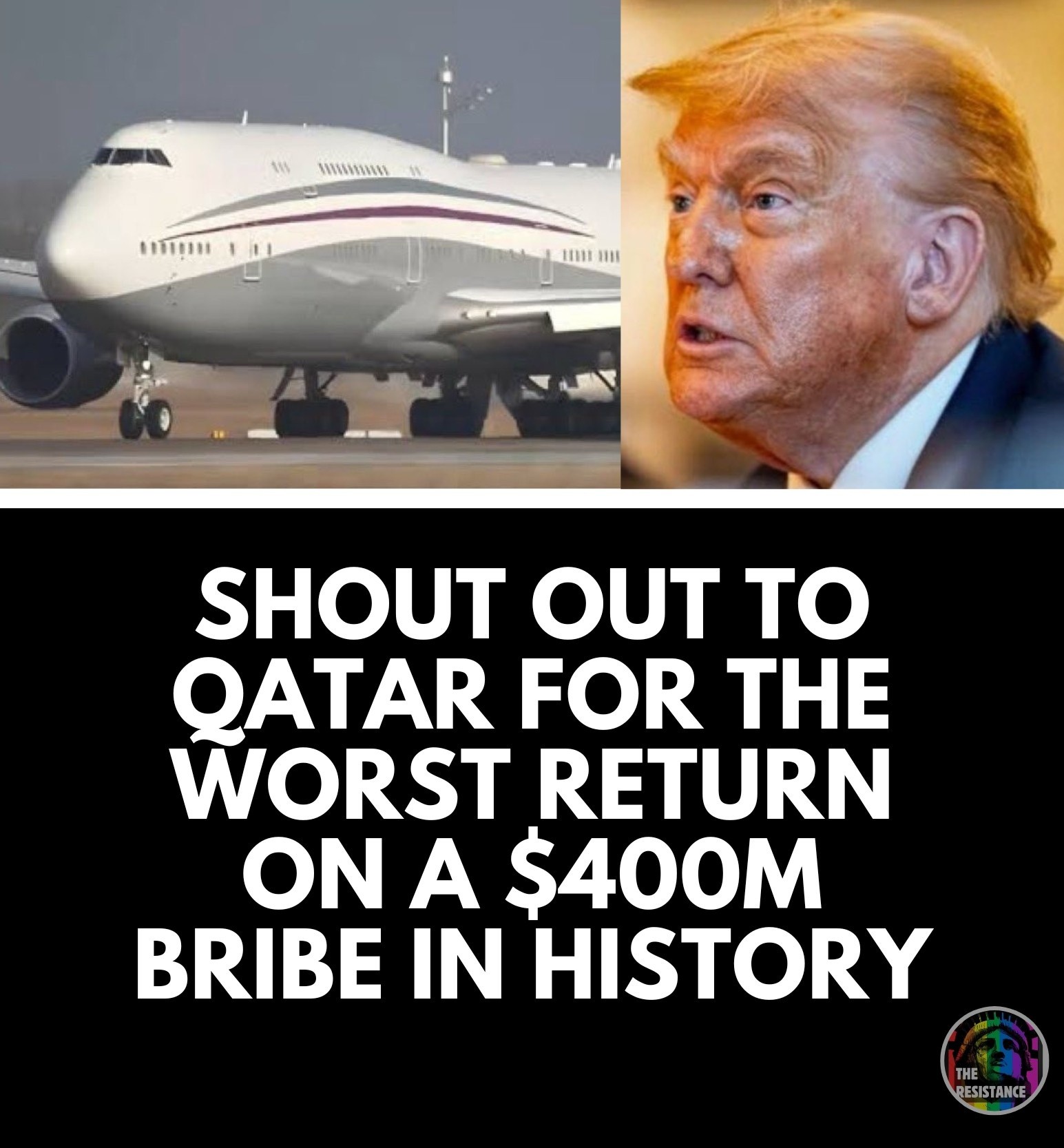 This anti-billionaire satire juxtaposes a massive $400 million commercial jet with Donald Trump to highlight how cheap American political infrastructure is. The text scathingly notes that for this massive investment,...