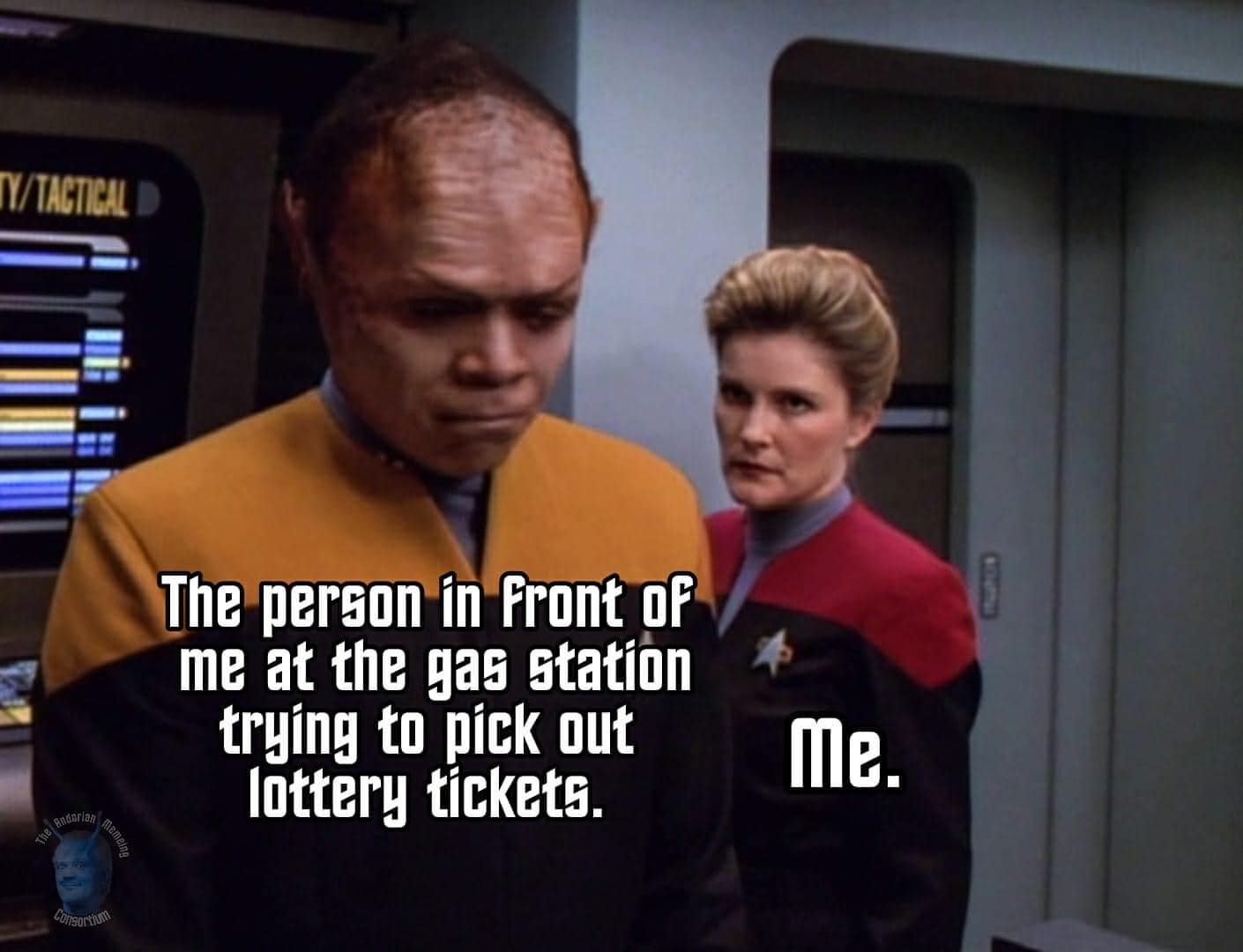 Okay, let's break down this image (featuring Data and Deanna Troi from *Star Trek: The Next Generation*) with the overlaid text "The person in front of me at the gas station trying to pick out lottery tickets. Me." th...