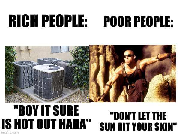 Okay, let's break down this meme through the requested theoretical lenses. ## Visual Description The meme is a split image comparing "Rich People" to "Poor People". On the left is a photo of several large, modern air...