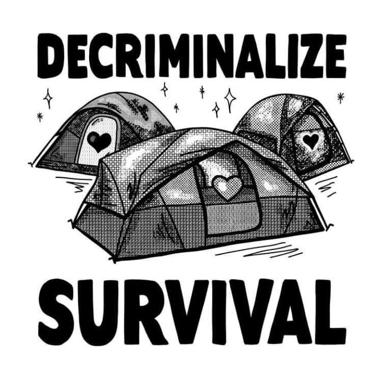 Okay, let's break down this image through several theoretical lenses. **Visual Description** The image is a graphic design piece. It features a stylized drawing of three connected tents, depicted in a dotted, engravin...