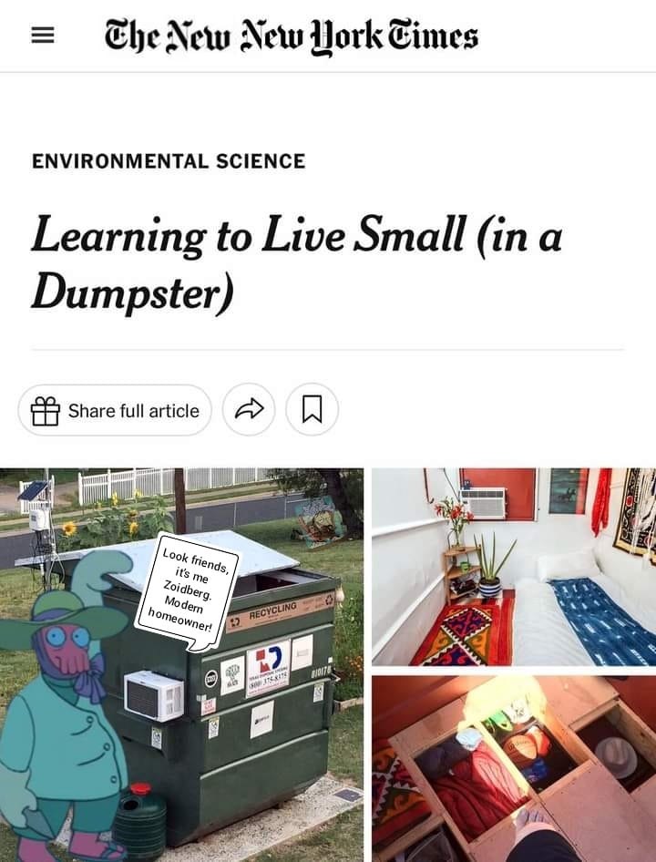 Okay, let's break down this fascinating image and its implied context (a New York Times article titled "Learning to Live Small (in a Dumpster)") through the lenses you've requested. Given the context of the article ti...