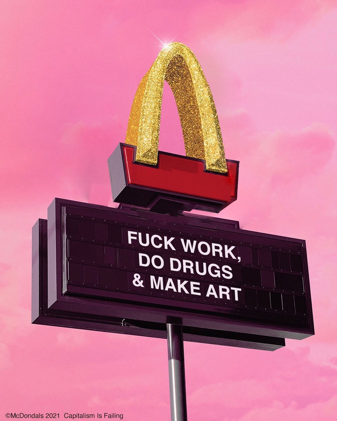 Okay, let's break down this image with analyses across the requested theoretical frameworks. **Visual Description** The image depicts a McDonald’s sign, heavily stylized and altered. It features the iconic golden arch...
