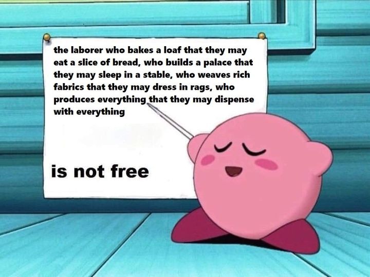Okay, let's break down this image/meme through several critical theory lenses. **Visual Description** The image depicts a scene from the *Kirby* video game/cartoon franchise. Kirby, a pink, spherical character with a...