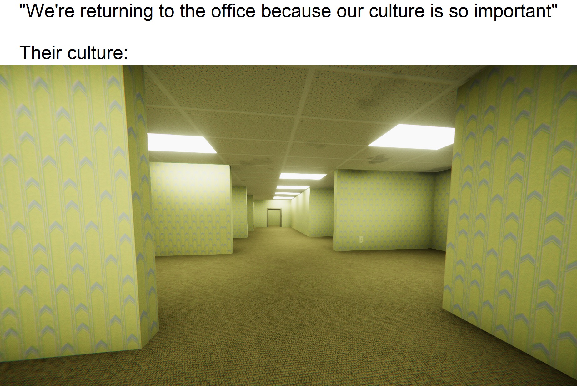Okay, let's break down this image and the phrase "We're returning to the office because our culture is so important" through the requested theoretical lenses. ## Visual Description The image depicts a long, claustroph...