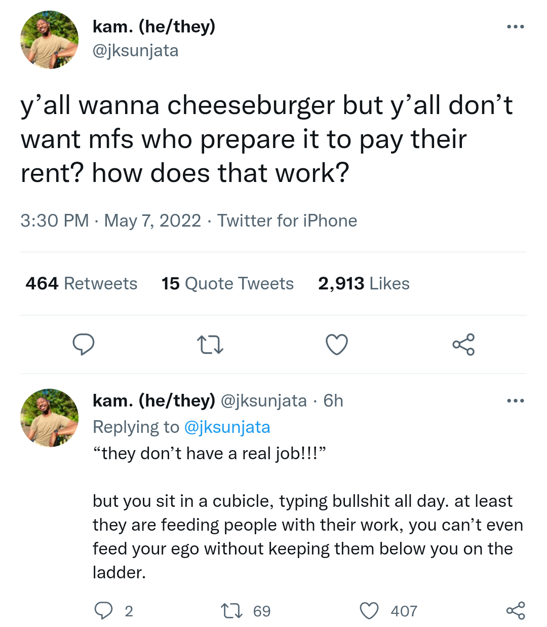 Okay, let's break down this Twitter thread through the lenses you've requested. ## Visual Description The image is a screenshot of a Twitter thread posted by user @jksunjata (with the name "kam. (he/they)"). There are...