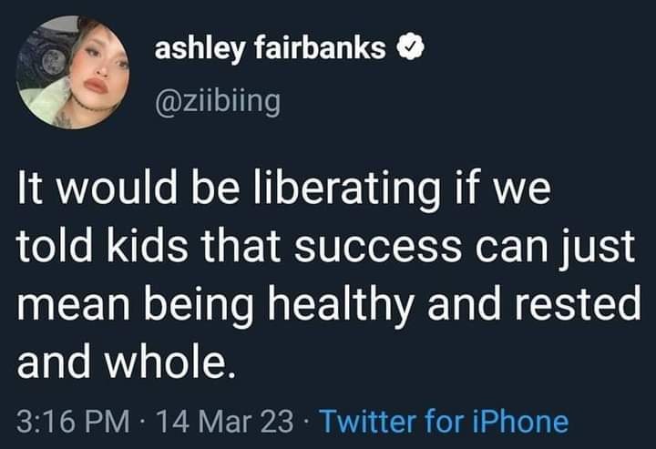 Here's an analysis of the tweet, broken down into relevant sections as requested. **Visual Description** The image is a screenshot of a tweet from a user named "ashley fairbanks" (@ziibiing). The tweet features a smal...