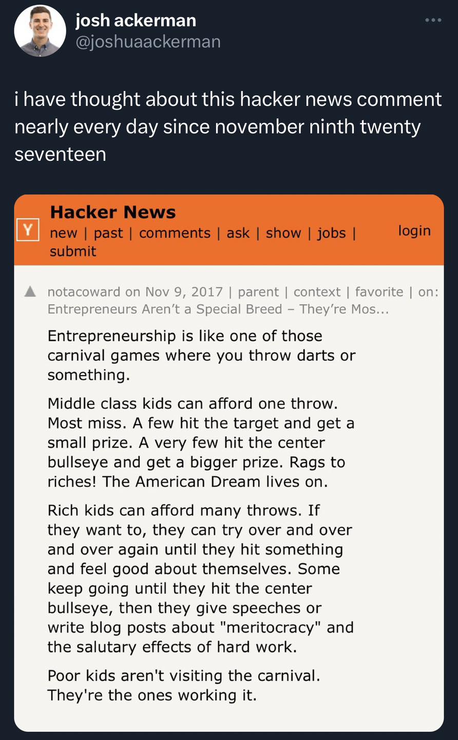 Okay, let's break down this image/text (a Hacker News comment) using the requested theoretical lenses. It's a dense comment and lends itself to several analyses. **Visual Description** The image is a screenshot of a c...
