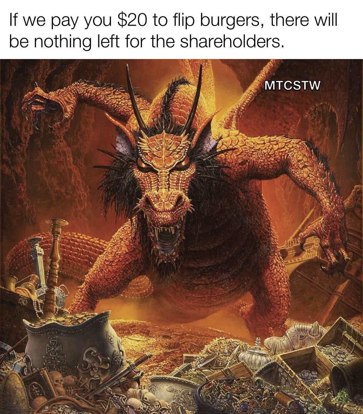 Okay, here's an analysis of the meme, broken down into the requested sections. Please note that the meme's framing is unusual (pairing a dramatic fantasy image with a claim about wage increases and shareholder value)...