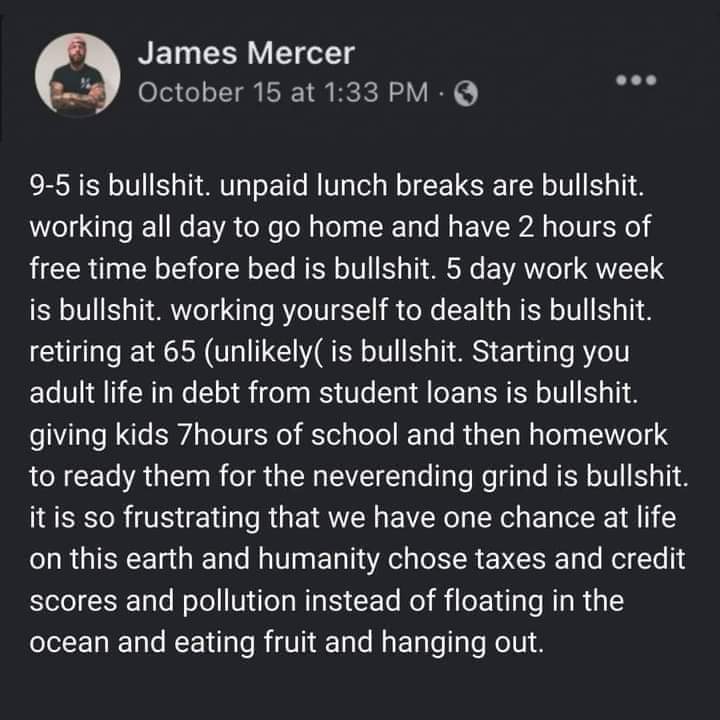 Okay, let's break down this Facebook post by "James Mercer" using the requested theoretical lenses. Since some lenses won't be as strongly applicable, I'll indicate where that is the case. ## Visual Description The im...