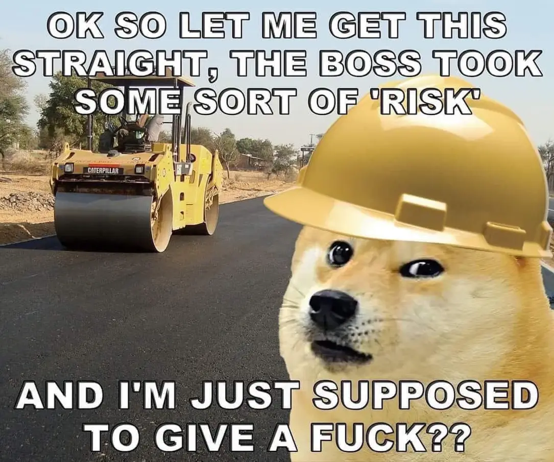 Okay, let's break down this meme using the requested theoretical frameworks. It’s a layered image and lends itself to several analyses. **Visual Description** The meme features the "Doge" meme dog wearing a yellow har...