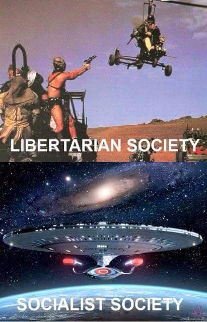 Okay, let's break down this meme-like image comparing "Libertarian Society" and "Socialist Society" through the lenses you've requested. It's a striking juxtaposition, so there's plenty to unpack. **Visual Description...