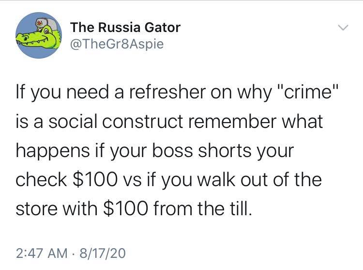 Okay, let's break down this tweet from "@TheGr8Asple" ("Russia Gator") through several theoretical lenses. **Visual Description** The image is a screenshot of a tweet. The user profile picture is a cartoon alligator w...