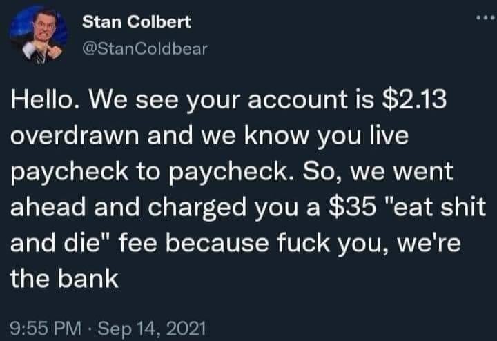 Okay, let's break down this Twitter post by "Stan Colbert" through the lenses of various theoretical frameworks. It's a powerfully blunt piece of communication, rife with potential for analysis. **Visual Description**...