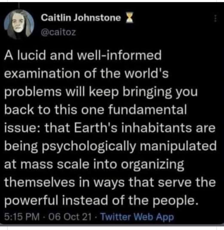 Okay, let's break down this tweet from Caitin Johnstone through the lenses of several critical theories. **Visual Description** The image is a screenshot of a Twitter post. A small circular profile picture (a stylized...
