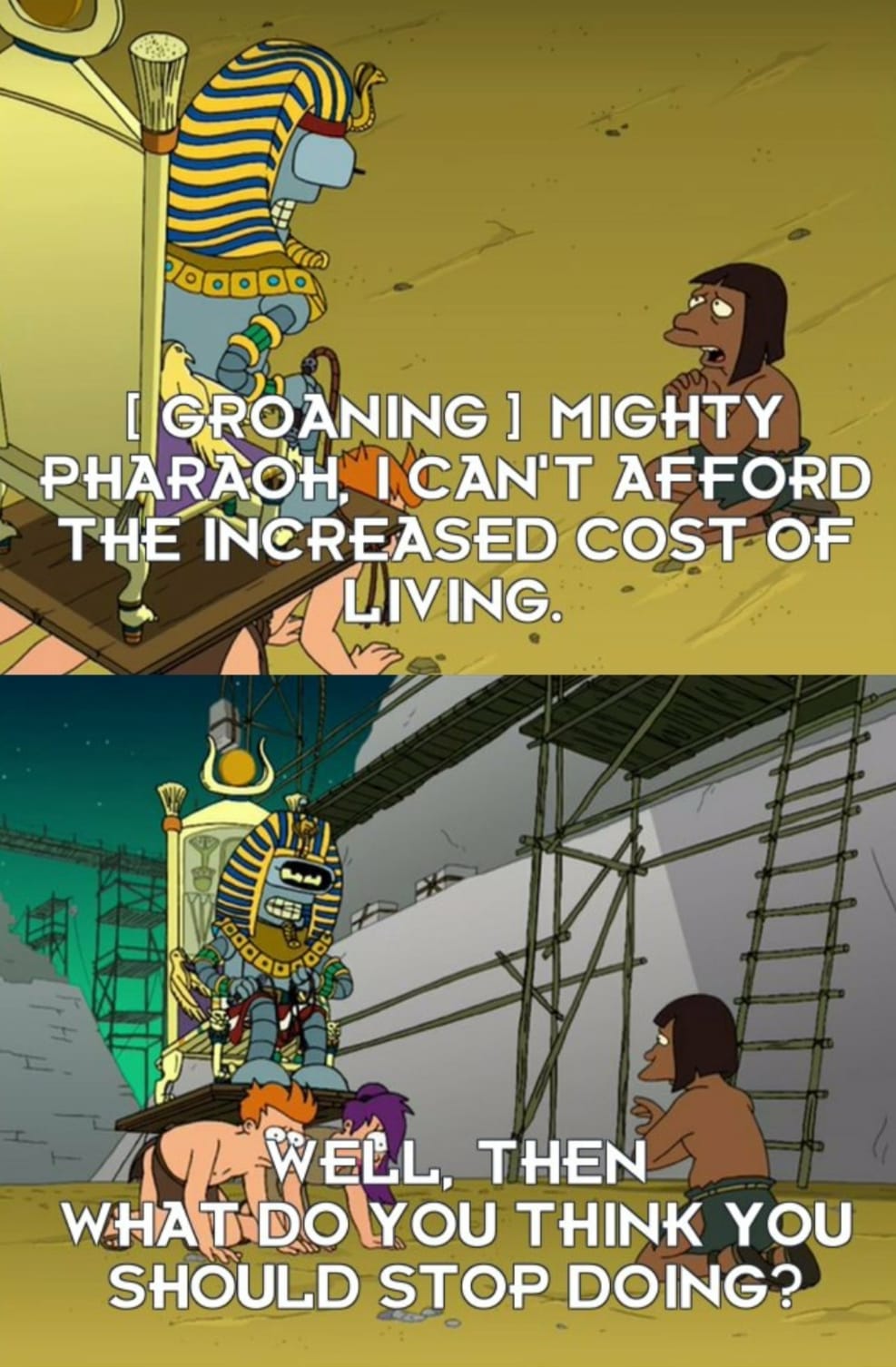 Okay, let's break down this "Futurama" meme/still from the show using the requested theoretical lenses. **Visual Description** The image is a two-panel meme/still from the animated television show "Futurama." * **Pane...