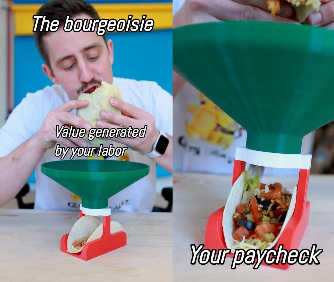 Okay, let's break down this meme using the frameworks you've requested. It's a strongly metaphorical image, and its power lies in its simplicity. **Visual Description** The image presents a staged scene. A chef, weari...