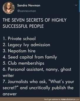 Okay, let's break down this image of Sandra Newman's tweet about the "secrets to success" using the theoretical lenses you've provided. **Visual Description** The image is a screenshot of a tweet from the account "@sa...