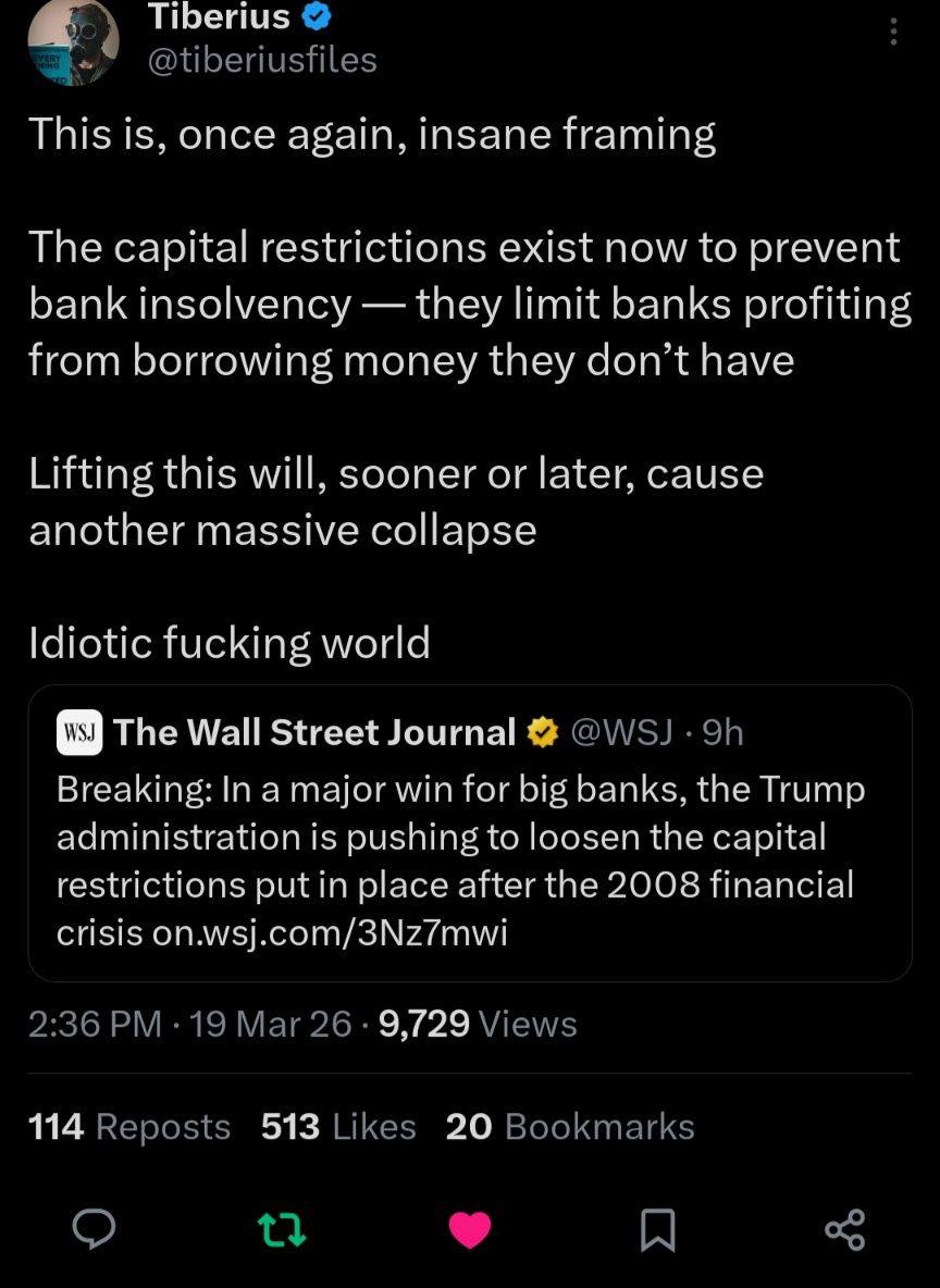 In an anti-capitalist context, this meme suggests that strict financial regulations are actually protective measures designed to stop banks from failing due to risky lending practices. The poster argues that removing...