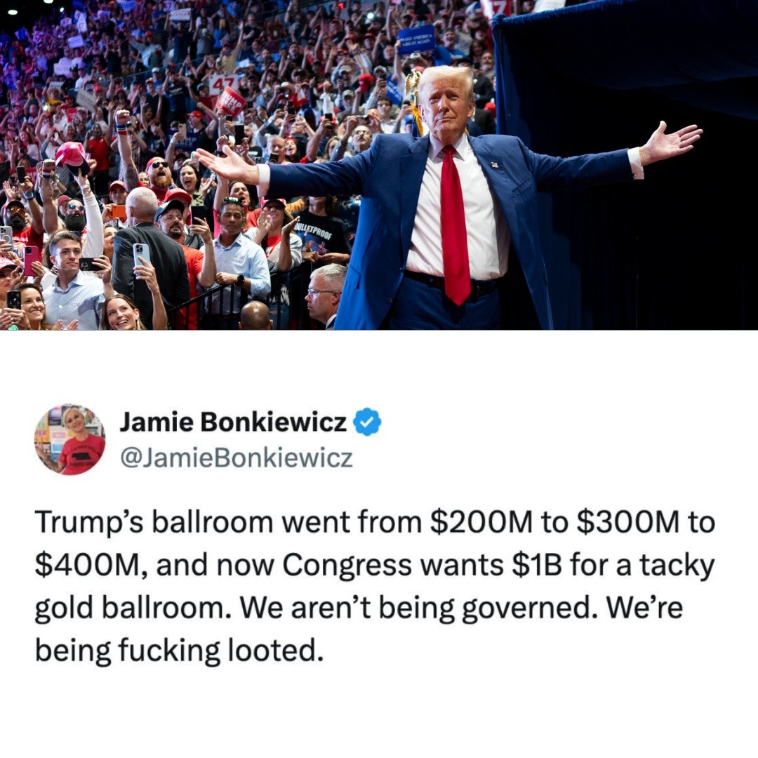 This meme serves as a critique of the rapidly inflated cost of Donald Trump's venue. It notes a timeline where the price has jumped from $200M to $400M, yet Congress is now asking $1B just to build a small "tacky gold...