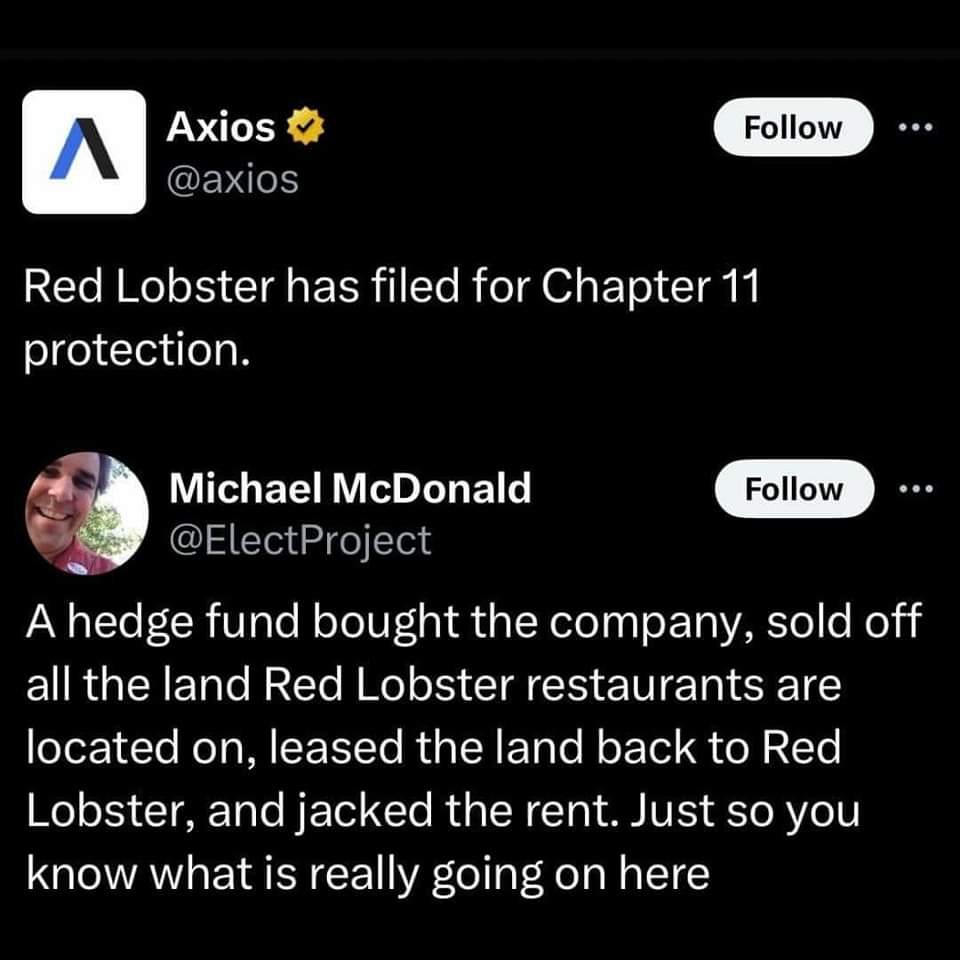 The meme is a satirical commentary on the intersection of capitalism and anti-capitalism. It features a screenshot of a tweet from a user named "ElectProject" where they claim to have "jacked the rent" on a Red Lobste...