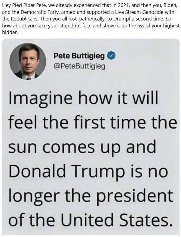 This meme displays a screenshot from Pete Buttigieg's campaign official account, showing his profile picture with a verification mark. The main text reads: "Imagine how it will feel the first time the sun comes up and...