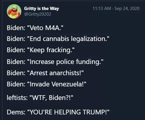 Okay, let's break down this Twitter post through various theoretical lenses. **Visual Description** The image is a screenshot of a Twitter post from the account "@Gritty2020" (labeled "Gritty is the Way"). It shows a...