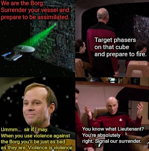 Okay, let's break down this Star Trek meme using the requested analytical frameworks. It's a rich little image ripe for examination. **Visual Description** The meme is composed of four panels drawn from a scene in *St...