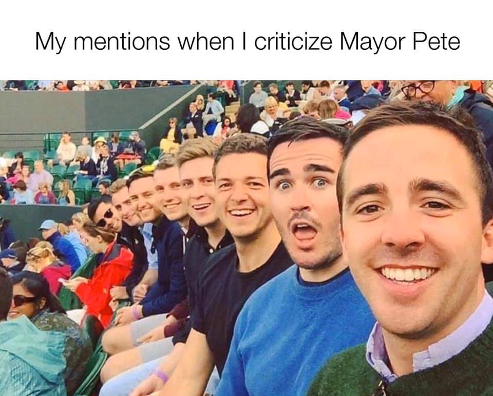 Okay, let's break down this meme using the requested theoretical lenses. **Visual Description** The meme features a digitally manipulated image of multiple Pete Buttigieg (often referred to as "Mayor Pete") heads laye...