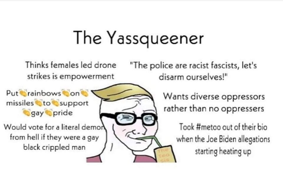 Okay, let's break down this image, labeled "The Yassqueen" (likely internet slang for an overly enthusiastic and performative supporter of progressive causes) with the requested theoretical lenses. It's a deliberately...