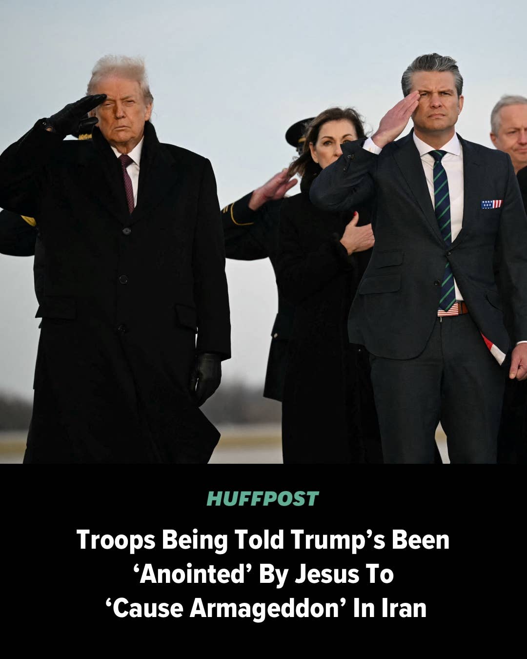 This satirical image juxtaposes a serious military ceremony with an intentionally offensive conspiracy theory headline that mocks religious authority. The text reads, "Troops Being Told Trump’s Been ‘Anointed’ By Jesu...