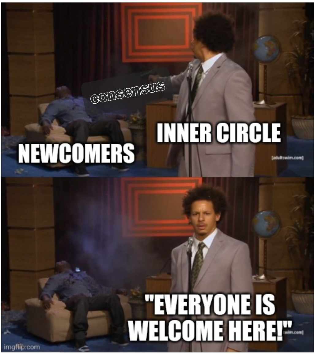 Okay, let's break down this meme using the requested theoretical frameworks. It's a layered image ripe for analysis, playing with notions of inclusion, power dynamics, and performative acceptance. ## Visual Descriptio...