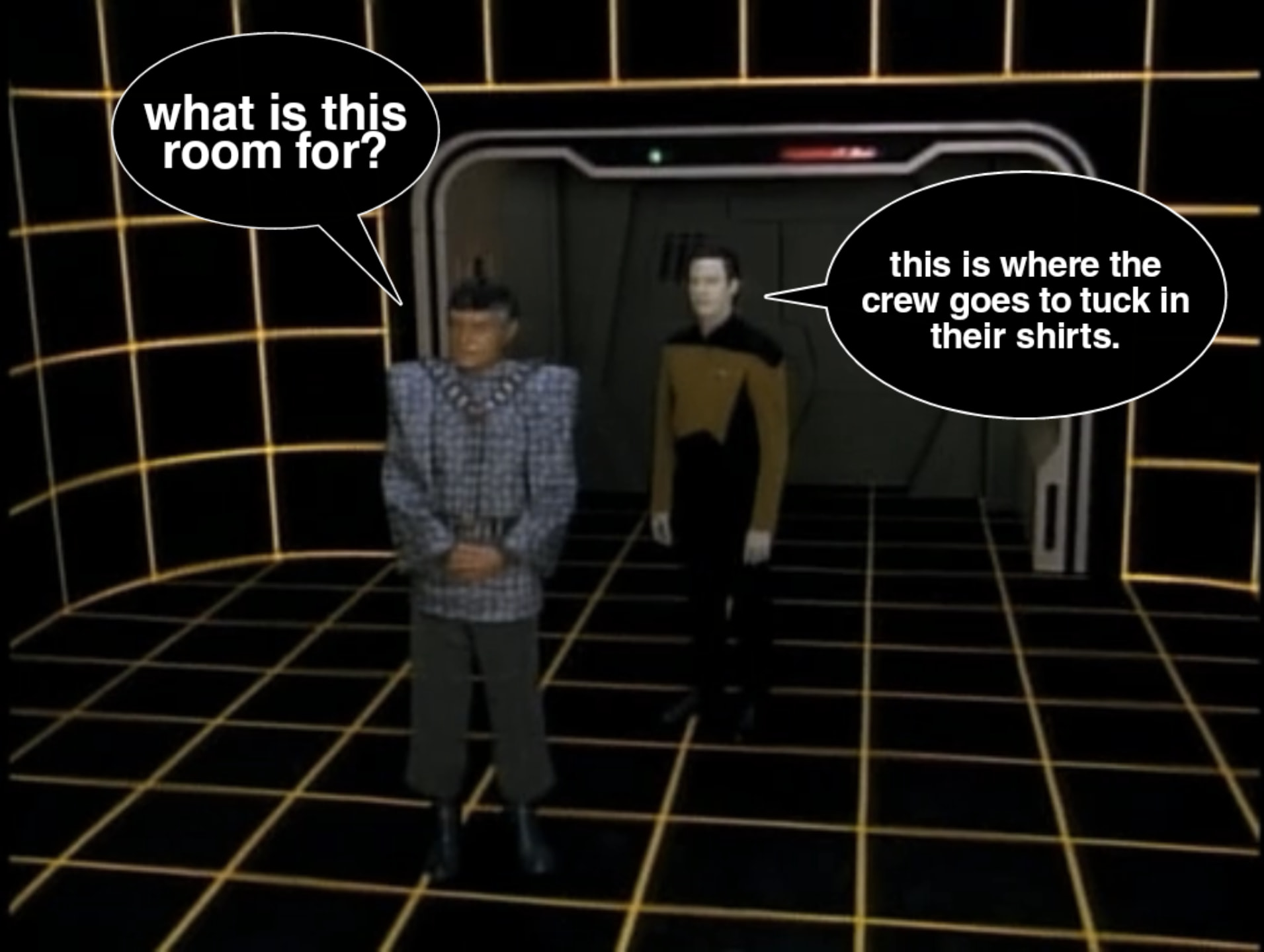 Okay, let's break down this image through several theoretical lenses. **Visual Description** The image appears to be a screenshot from an early *Star Trek* video game or CGI cutscene, likely from the *Star Trek: Voyag...