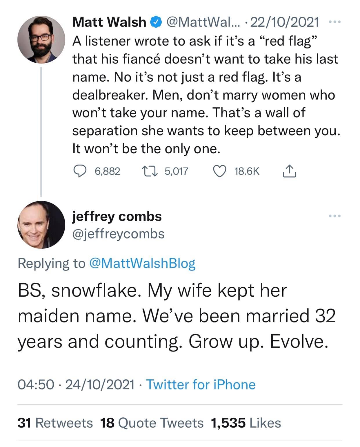 Okay, let's break down this Twitter exchange through the requested theoretical lenses. **Visual Description** The image displays a Twitter exchange between two accounts: "@MattWalshBlog" and "@Jeffreycombs". Both acco...