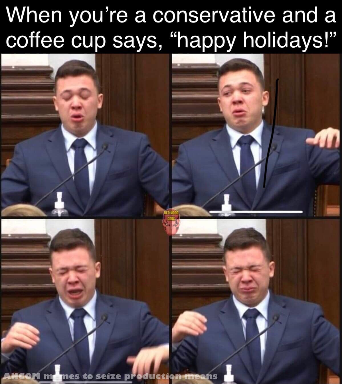 Okay, let's break down this meme through several theoretical lenses. It's a layered image, so there's quite a bit to unpack. **Visual Description** The meme is a four-panel image featuring a dramatic, close-up series...