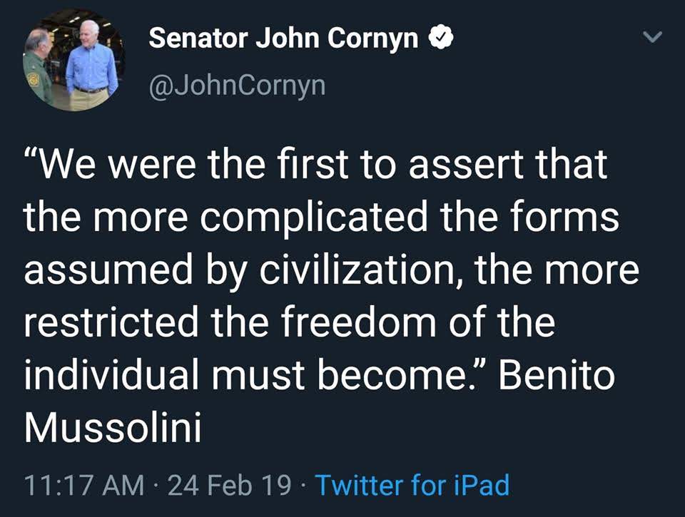 Okay, let's break down this deeply unsettling Twitter post from Senator John Cornyn through the lenses requested. I'll only include sections where the topic meaningfully applies, and will signal why some don't. **Visu...