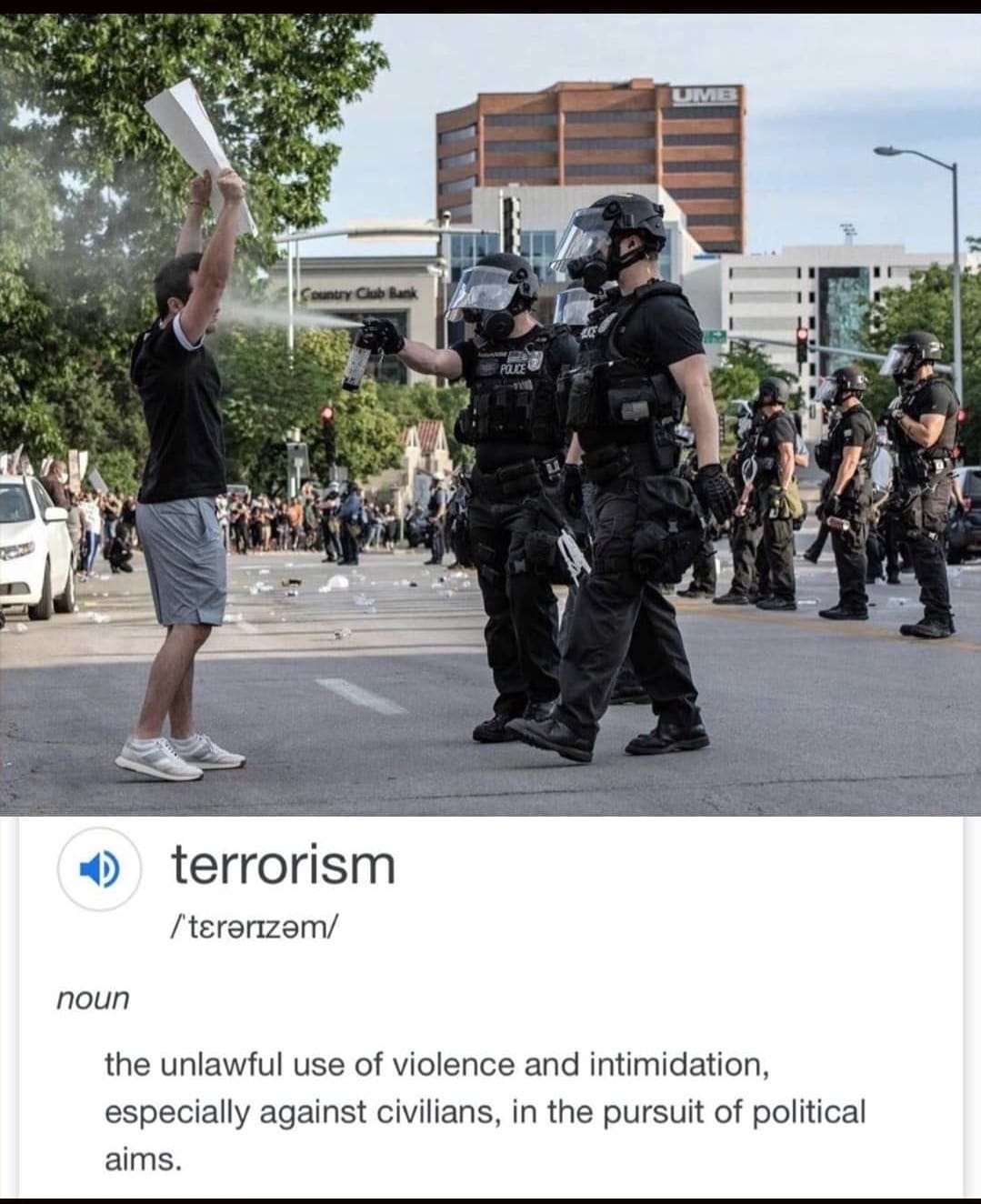 Okay, let's break down the image and the provided definition of "terrorism" through various critical lenses. Please note that interpreting images through theory is inherently subjective and can yield multiple readings...