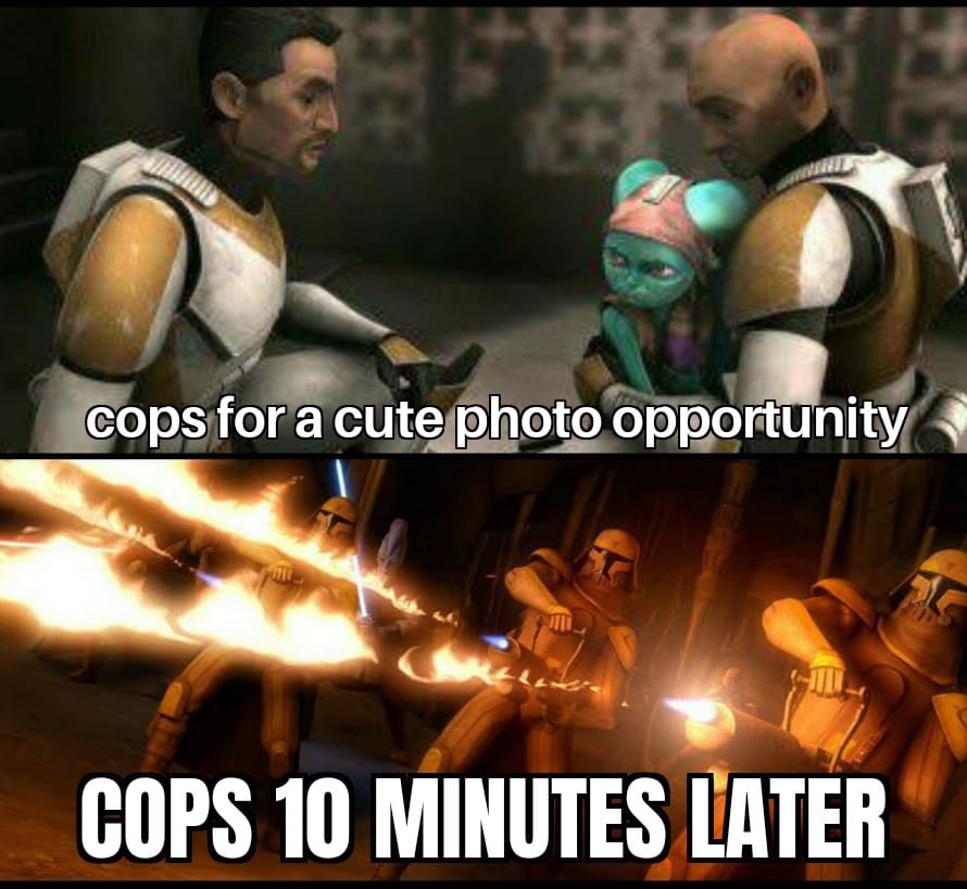 Okay, here's an analysis of the meme, broken down into sections as requested, only including those sections where the relevant theories apply. **Visual Description** The meme is a two-panel image taken from the *Star...