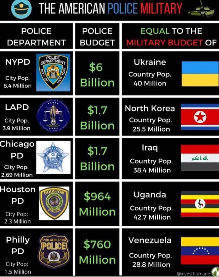 Okay, let's break down this image using the theoretical lenses you've requested. **Visual Description** The image is a grid-style infographic. It visually juxtaposes the budgets of five major US city police department...