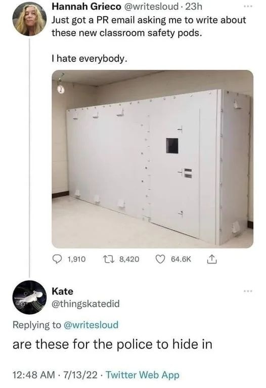 Okay, let's break down this Twitter exchange through the lenses you've provided. **Visual Description** The image depicts a stark, rectangular, steel structure that resembles a panic room or a secure, enclosed space....
