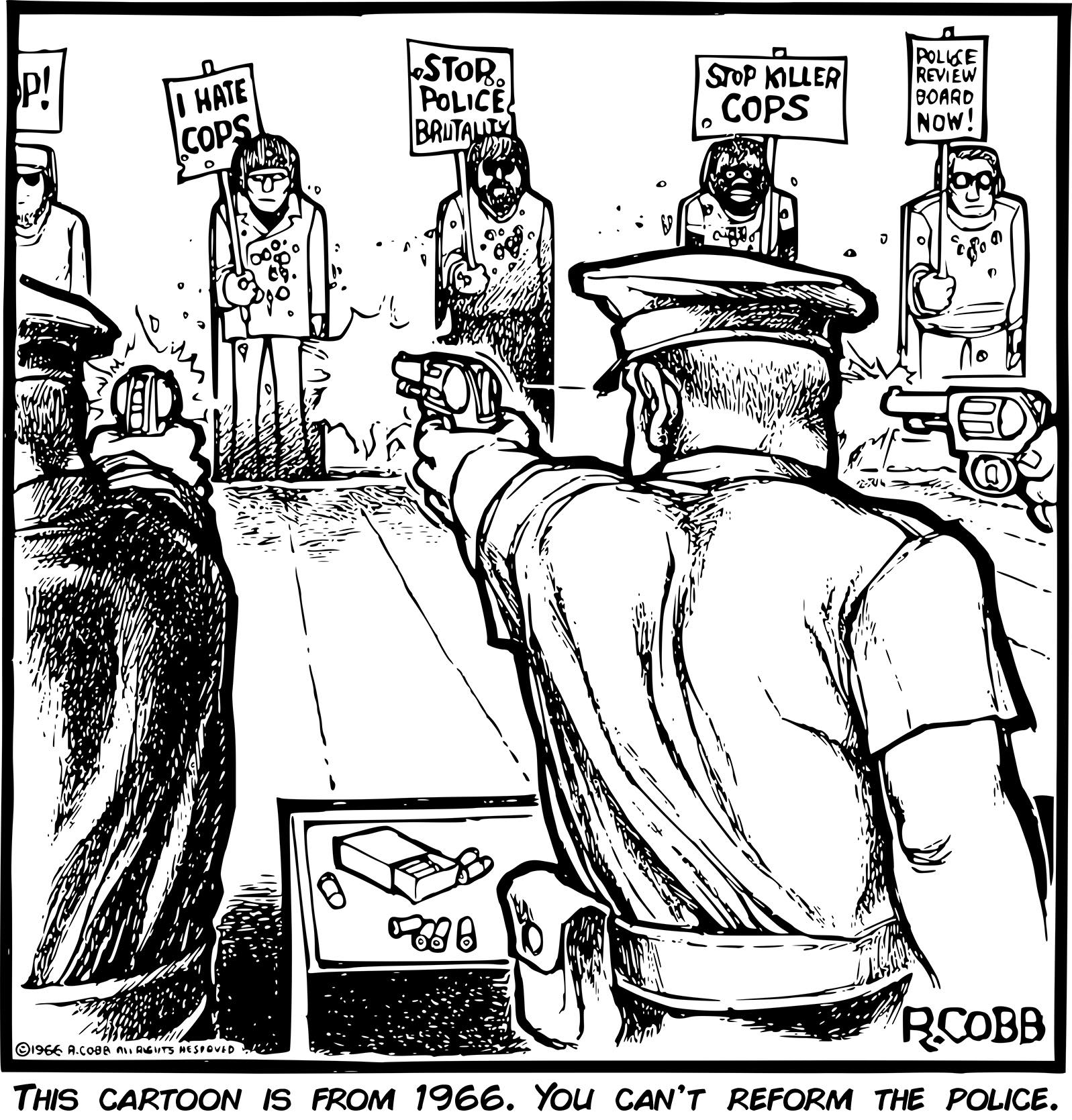 Okay, let's break down this powerful 1966 cartoon by R. Cobb through the requested theoretical lenses. **Visual Description** The cartoon is a stark, black-and-white drawing showing a line of police officers facing a...