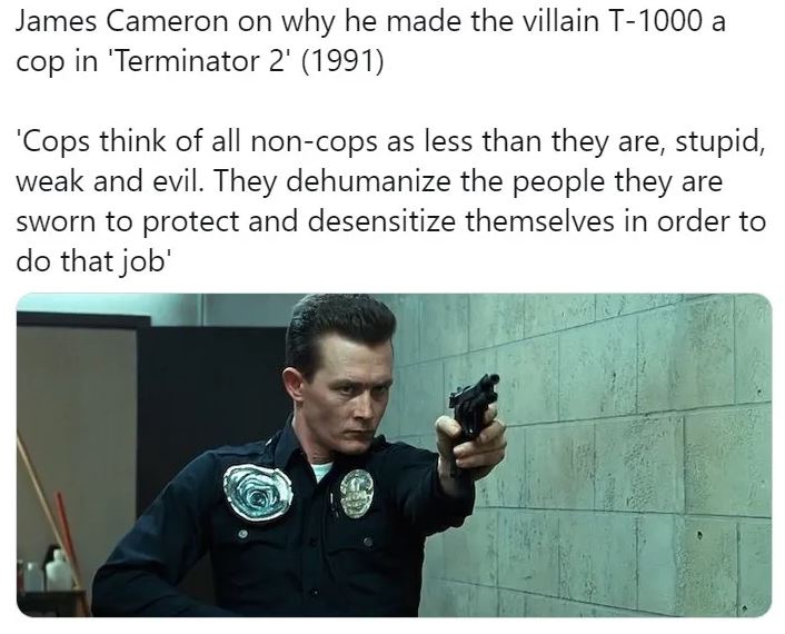 Okay, let's break down the image and James Cameron's statement about the T-1000 as a cop in *Terminator 2* through the lenses you've requested. I will focus on the most pertinent frameworks and will note where overlap...