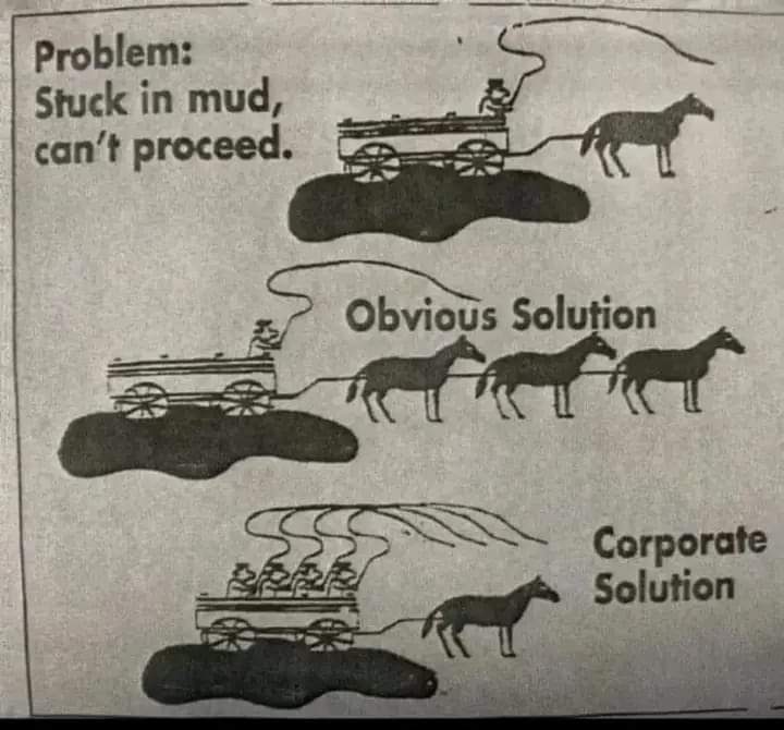 The meme is a commentary on the perceived inefficiency and bureaucratic nature of corporate culture. The image depicts a classic Western-style wagon stuck in the mud, with the caption "Stuck in the mud, can't proceed"...
