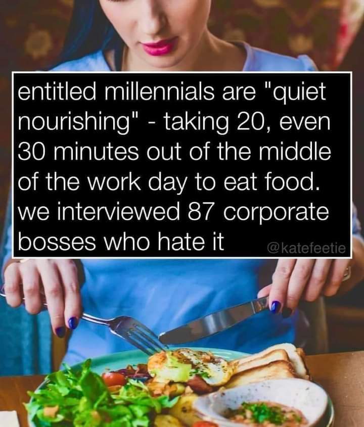 The meme is a humorous commentary on the stereotype that millennials are entitled and have high expectations for food at work. The text "entitled millennials are 'quiet nourishing' - taking 20, even 30 minutes out of...