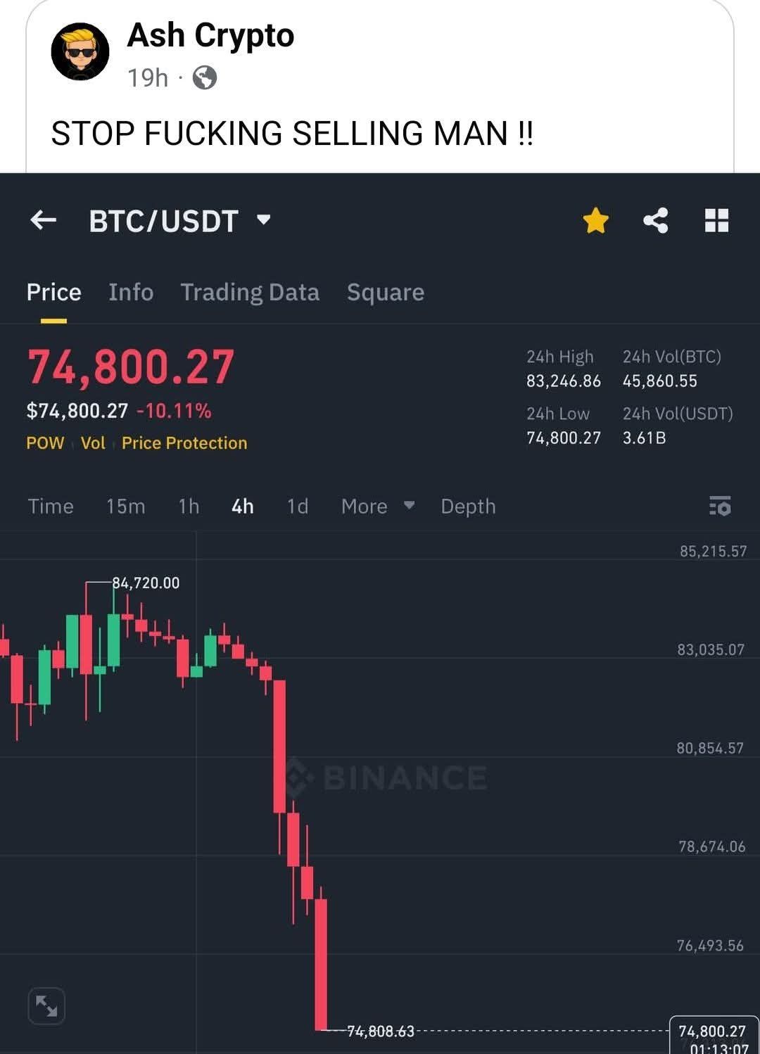 Okay, let's break down this image—a screenshot from a cryptocurrency trading platform (Binance) showing a rapidly declining Bitcoin price chart alongside a highly charged comment—through the lenses you've requested. I...