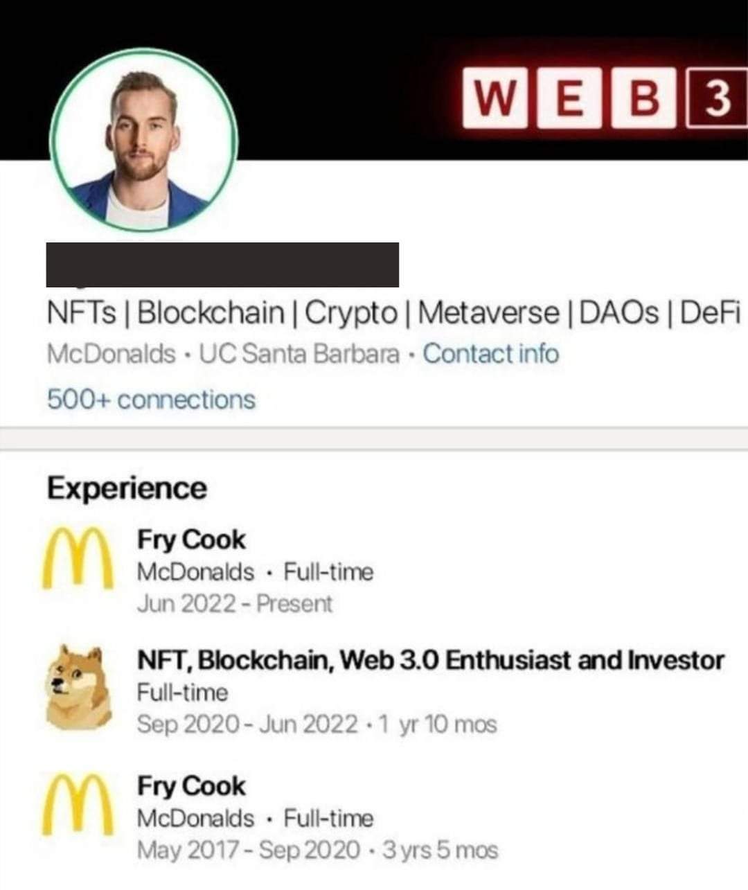 The meme is a screenshot of a LinkedIn profile that appears to be a parody of a cryptocurrency enthusiast. The profile lists various "experience" jobs, including "Cryptocurrency Investor" and "Web 3.0 Enthusiast", and...